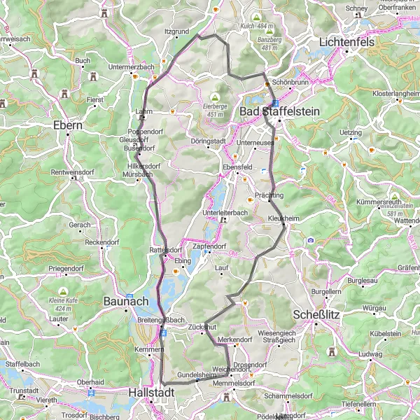 Map miniature of "Countryside Road Cycling Tour" cycling inspiration in Oberfranken, Germany. Generated by Tarmacs.app cycling route planner
