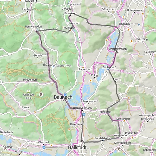 Karten-Miniaturansicht der Radinspiration "Rundtour durch Baunach und Schloß Unterleiterbach" in Oberfranken, Germany. Erstellt vom Tarmacs.app-Routenplaner für Radtouren