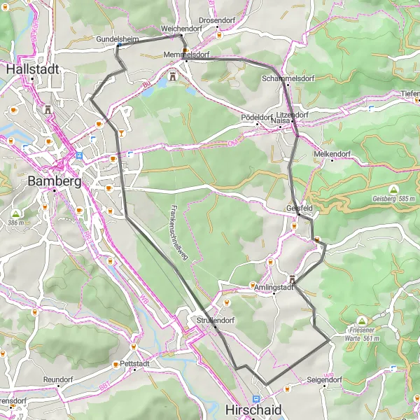 Map miniature of "The Road to Memmelsdorf" cycling inspiration in Oberfranken, Germany. Generated by Tarmacs.app cycling route planner