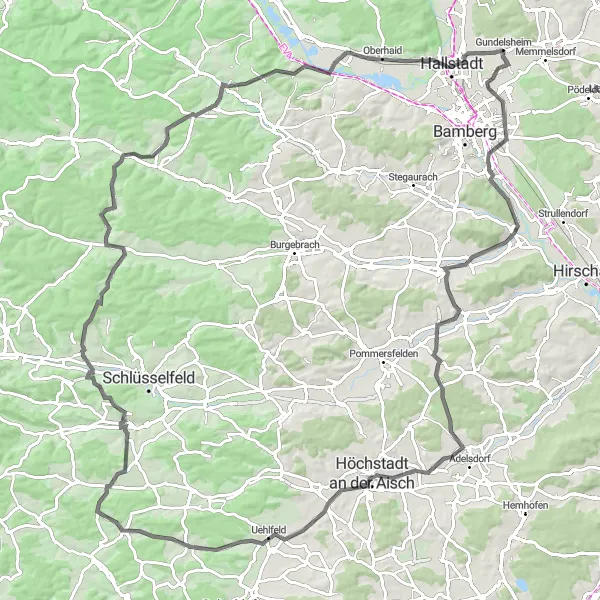Map miniature of "The Regnitzgrund Cycle Route" cycling inspiration in Oberfranken, Germany. Generated by Tarmacs.app cycling route planner