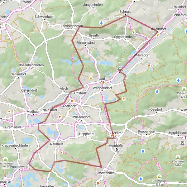 Map miniature of "Hemhofen & Hallerndorf Gravel Exploration" cycling inspiration in Oberfranken, Germany. Generated by Tarmacs.app cycling route planner