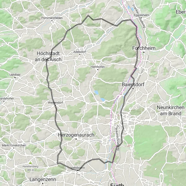 Karten-Miniaturansicht der Radinspiration "Rundtour durch Höchstadt an der Aisch und Hallerndorf" in Oberfranken, Germany. Erstellt vom Tarmacs.app-Routenplaner für Radtouren