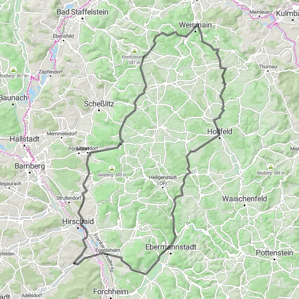 Map miniature of "Hirschaid & Hallerndorf Challenge" cycling inspiration in Oberfranken, Germany. Generated by Tarmacs.app cycling route planner