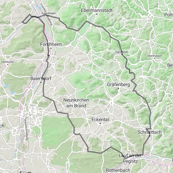 Map miniature of "Scenic Road Loop via Eggolsheim" cycling inspiration in Oberfranken, Germany. Generated by Tarmacs.app cycling route planner