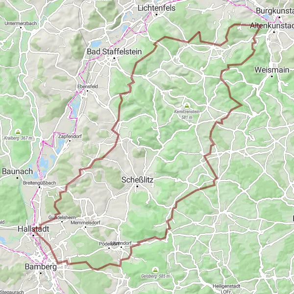 Map miniature of "Gravel Adventure in Oberfranken" cycling inspiration in Oberfranken, Germany. Generated by Tarmacs.app cycling route planner