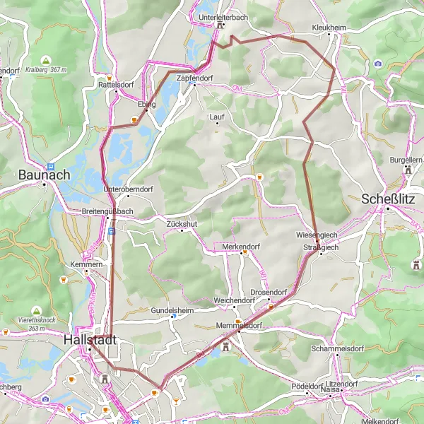 Map miniature of "Scenic Gravel Route near Hallstadt" cycling inspiration in Oberfranken, Germany. Generated by Tarmacs.app cycling route planner