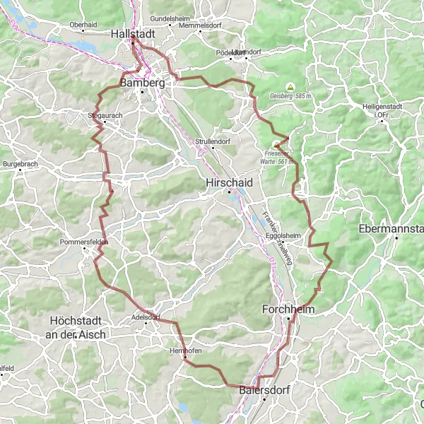 Map miniature of "Ultimate Gravel Adventure near Hallstadt" cycling inspiration in Oberfranken, Germany. Generated by Tarmacs.app cycling route planner