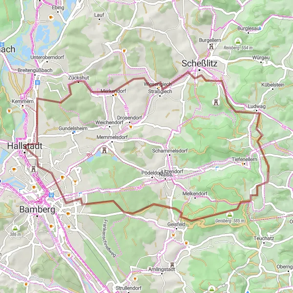 Map miniature of "Zückshut to Hallstadt Gravel Adventure" cycling inspiration in Oberfranken, Germany. Generated by Tarmacs.app cycling route planner