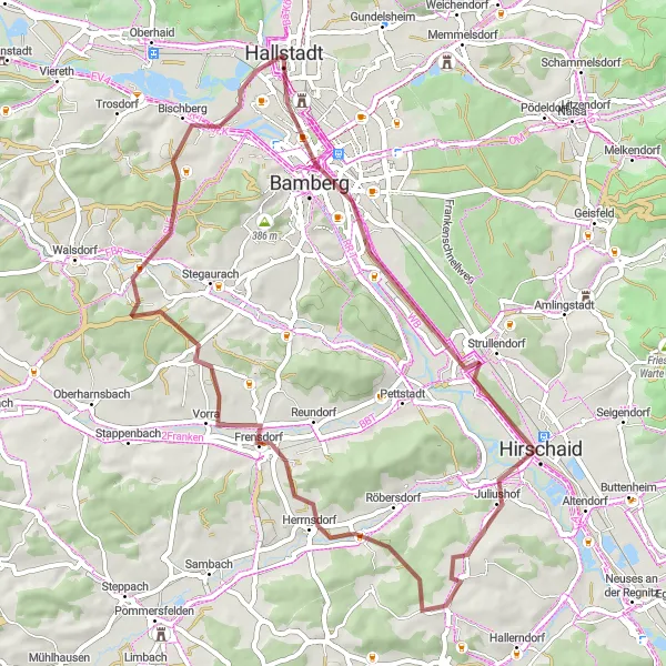 Karten-Miniaturansicht der Radinspiration "Rund um Hallstadt und Schnaid" in Oberfranken, Germany. Erstellt vom Tarmacs.app-Routenplaner für Radtouren