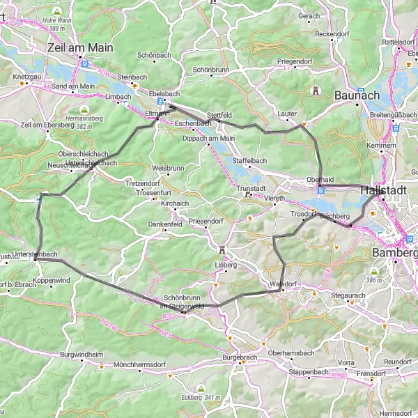Karten-Miniaturansicht der Radinspiration "Hügellandschaft zwischen Walsdorf und Kreuzberg" in Oberfranken, Germany. Erstellt vom Tarmacs.app-Routenplaner für Radtouren