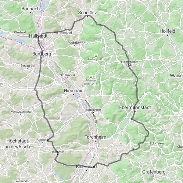 Map miniature of "Memmelsdorf to Bamberg Loop" cycling inspiration in Oberfranken, Germany. Generated by Tarmacs.app cycling route planner