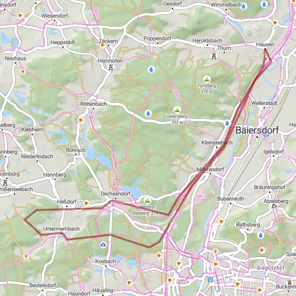 Map miniature of "Hausen Gravel Short Ride" cycling inspiration in Oberfranken, Germany. Generated by Tarmacs.app cycling route planner