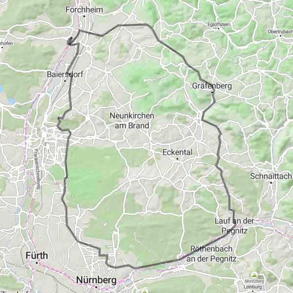 Karten-Miniaturansicht der Radinspiration "Pinzberg - Baiersdorf Straßenfahrt" in Oberfranken, Germany. Erstellt vom Tarmacs.app-Routenplaner für Radtouren