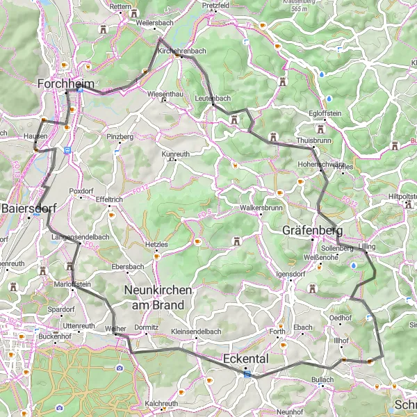 Karten-Miniaturansicht der Radinspiration "Forchheim - Baiersdorf Rundtour" in Oberfranken, Germany. Erstellt vom Tarmacs.app-Routenplaner für Radtouren