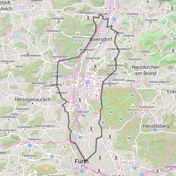 Map miniature of "Poxdorf-Möhrendorf Thurn Straße" cycling inspiration in Oberfranken, Germany. Generated by Tarmacs.app cycling route planner