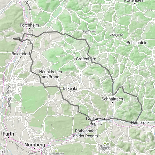 Map miniature of "Franconian Road Adventure" cycling inspiration in Oberfranken, Germany. Generated by Tarmacs.app cycling route planner