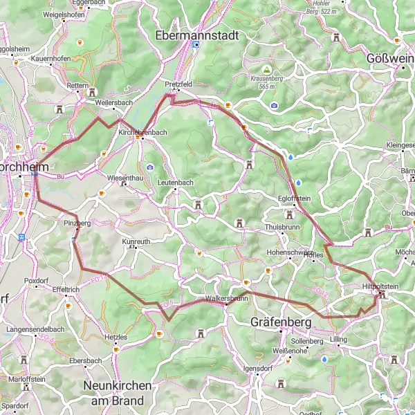 Map miniature of "Scenic Gravel Discovery" cycling inspiration in Oberfranken, Germany. Generated by Tarmacs.app cycling route planner