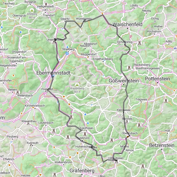 Karten-Miniaturansicht der Radinspiration "Egloffstein - Gößweinstein Rundtour" in Oberfranken, Germany. Erstellt vom Tarmacs.app-Routenplaner für Radtouren