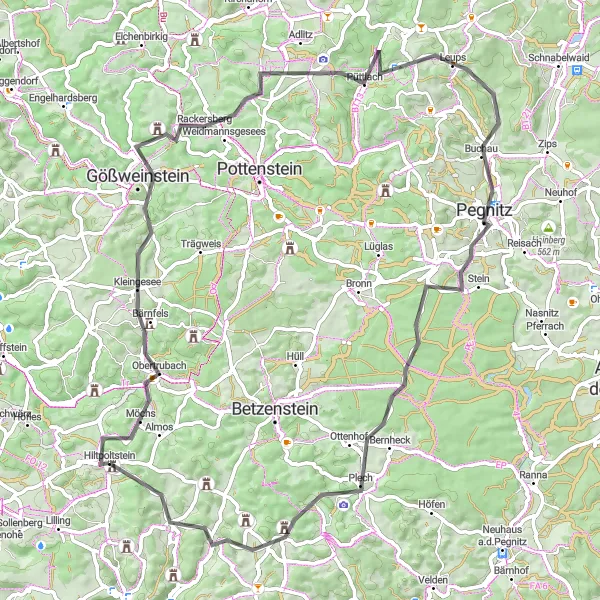 Map miniature of "The Hills of Hiltpoltstein Road Cycling" cycling inspiration in Oberfranken, Germany. Generated by Tarmacs.app cycling route planner