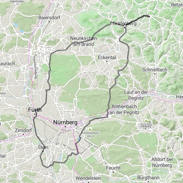 Map miniature of "Discover the Oberfranken Countryside Road Cycling" cycling inspiration in Oberfranken, Germany. Generated by Tarmacs.app cycling route planner