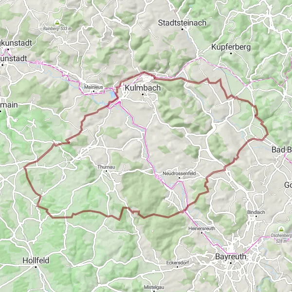 Map miniature of "Harsdorf and Sanspareil Gravel Exploration" cycling inspiration in Oberfranken, Germany. Generated by Tarmacs.app cycling route planner