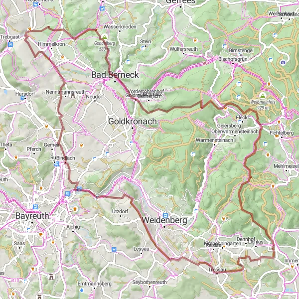 Map miniature of "Gravel Adventure Himmelkron" cycling inspiration in Oberfranken, Germany. Generated by Tarmacs.app cycling route planner