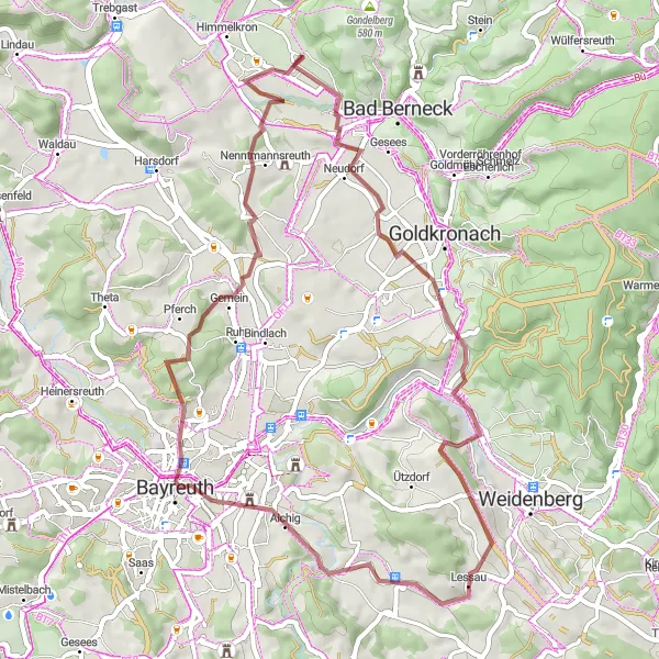 Map miniature of "Weinberg and Bayreuth Explore Gravel Route" cycling inspiration in Oberfranken, Germany. Generated by Tarmacs.app cycling route planner