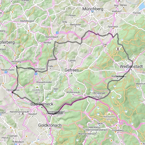 Map miniature of "Weißensteinturm and Rotes Schloß Road Adventure" cycling inspiration in Oberfranken, Germany. Generated by Tarmacs.app cycling route planner