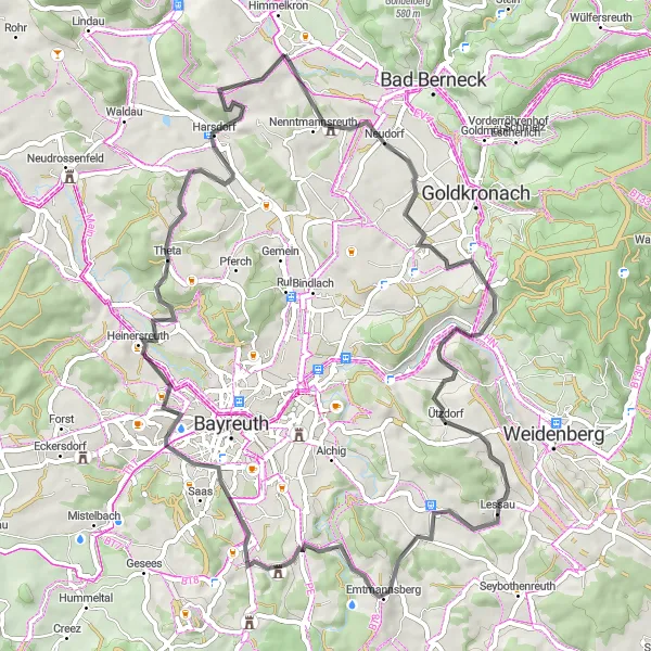 Karten-Miniaturansicht der Radinspiration "Roadtrip um Himmelkron" in Oberfranken, Germany. Erstellt vom Tarmacs.app-Routenplaner für Radtouren