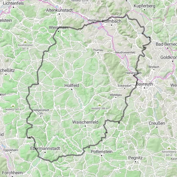 Map miniature of "Himmelkron Gravel Adventure" cycling inspiration in Oberfranken, Germany. Generated by Tarmacs.app cycling route planner