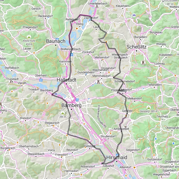 Map miniature of "Bamberg and Beyond 2" cycling inspiration in Oberfranken, Germany. Generated by Tarmacs.app cycling route planner