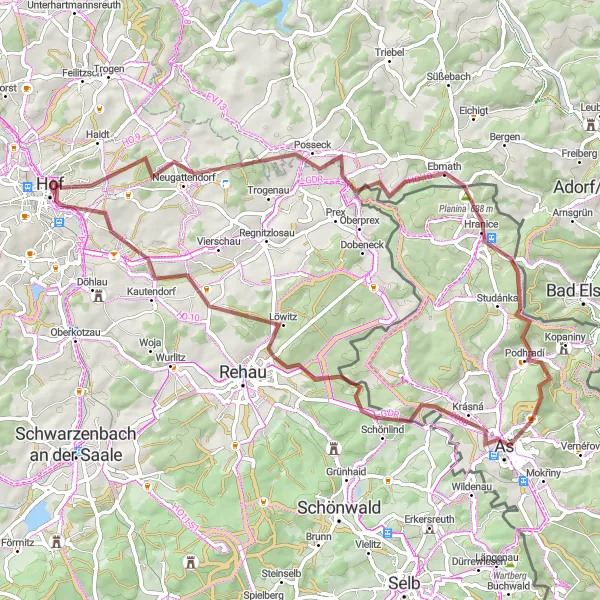 Map miniature of "Posseck and Háj u Aše Gravel Route" cycling inspiration in Oberfranken, Germany. Generated by Tarmacs.app cycling route planner