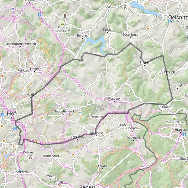 Map miniature of "Hof and Wachthübel Road Route" cycling inspiration in Oberfranken, Germany. Generated by Tarmacs.app cycling route planner