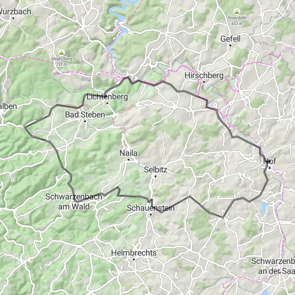 Map miniature of "Konradsreuth - Hof Round-Trip" cycling inspiration in Oberfranken, Germany. Generated by Tarmacs.app cycling route planner