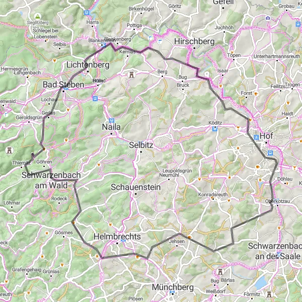 Map miniature of "Oberfranken Circuit" cycling inspiration in Oberfranken, Germany. Generated by Tarmacs.app cycling route planner