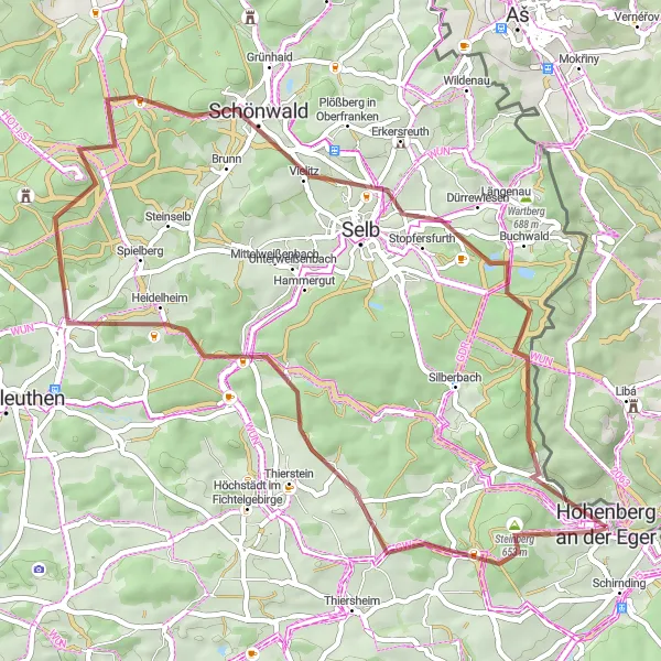 Karten-Miniaturansicht der Radinspiration "Steinberg nach Mezný vrch via Großwendern" in Oberfranken, Germany. Erstellt vom Tarmacs.app-Routenplaner für Radtouren