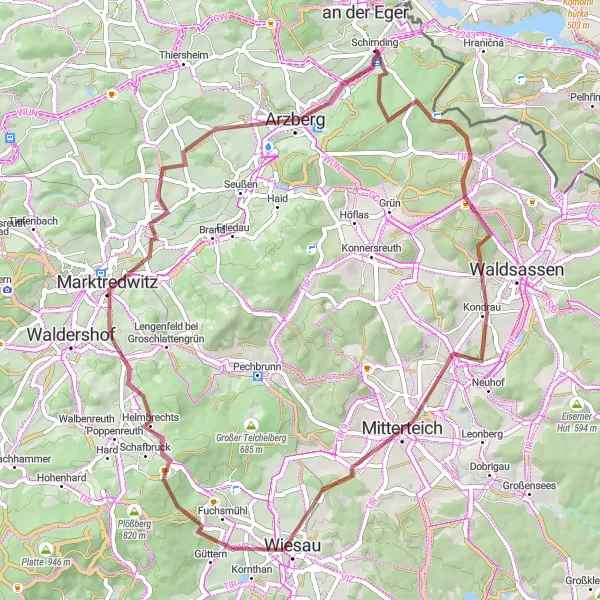 Map miniature of "Mitterteich Gravel Adventure" cycling inspiration in Oberfranken, Germany. Generated by Tarmacs.app cycling route planner