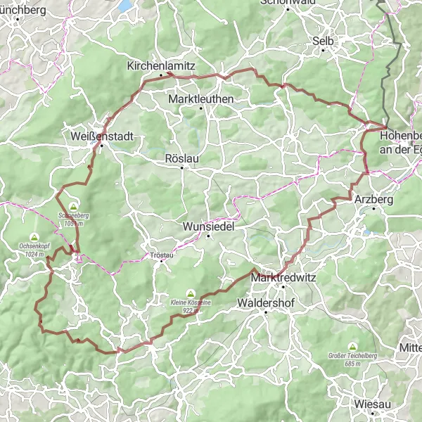 Map miniature of "Marktredwitz Gravel Adventure" cycling inspiration in Oberfranken, Germany. Generated by Tarmacs.app cycling route planner