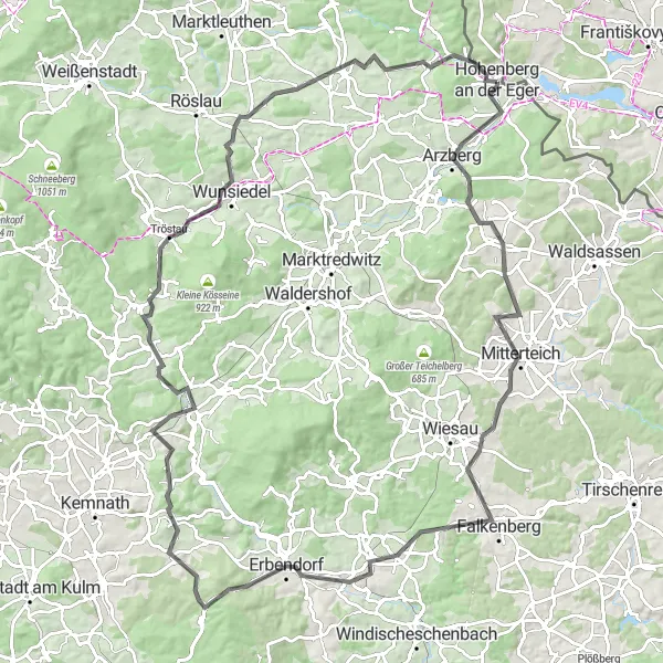 Map miniature of "The Challenging Hills Tour" cycling inspiration in Oberfranken, Germany. Generated by Tarmacs.app cycling route planner
