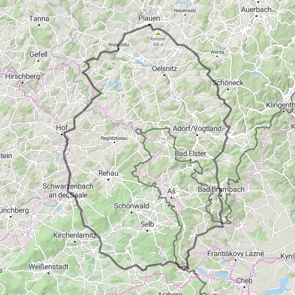 Map miniature of "Cycling Route to Markneukirchen via Plauen" cycling inspiration in Oberfranken, Germany. Generated by Tarmacs.app cycling route planner