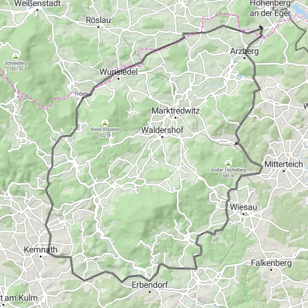 Map miniature of "Scenic Road Cycling Route through the Fichtel Mountains" cycling inspiration in Oberfranken, Germany. Generated by Tarmacs.app cycling route planner