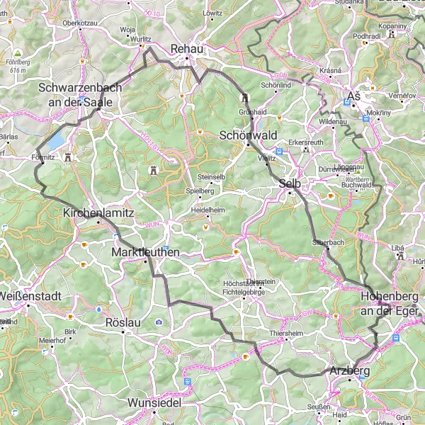 Map miniature of "Hohenberg an der Eger Loop" cycling inspiration in Oberfranken, Germany. Generated by Tarmacs.app cycling route planner