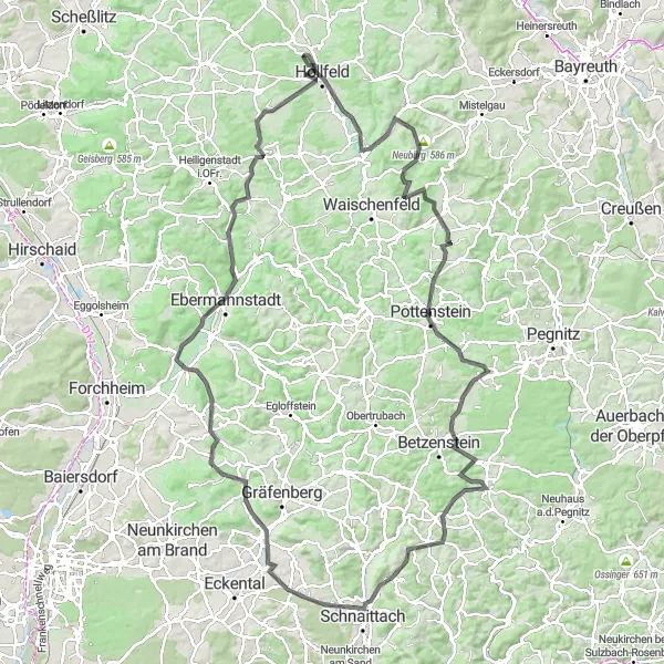 Map miniature of "Road Cycling Excursion to Pottenstein and Ebermannstadt" cycling inspiration in Oberfranken, Germany. Generated by Tarmacs.app cycling route planner