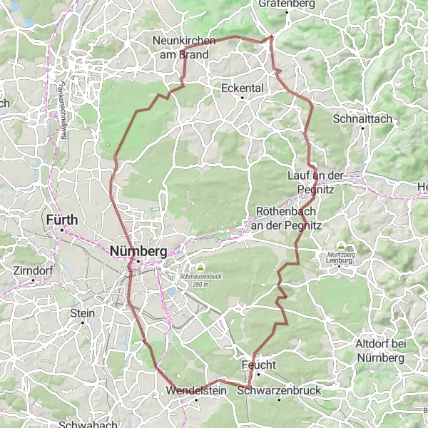 Karten-Miniaturansicht der Radinspiration "Gravel-Abenteuer von Igensdorf nach Nürnberg" in Oberfranken, Germany. Erstellt vom Tarmacs.app-Routenplaner für Radtouren