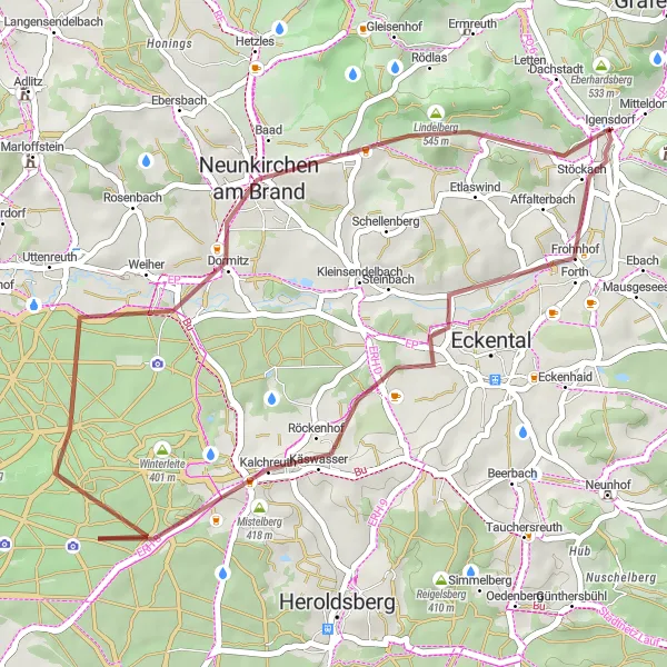 Map miniature of "Exploratory Gravel Adventure" cycling inspiration in Oberfranken, Germany. Generated by Tarmacs.app cycling route planner