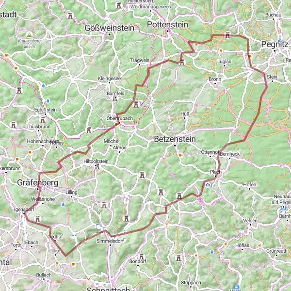 Map miniature of "Franconian Gravel Adventure" cycling inspiration in Oberfranken, Germany. Generated by Tarmacs.app cycling route planner