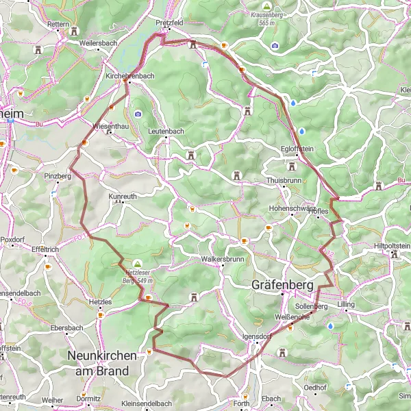 Map miniature of "Scenic Delights in the Franconian Outback" cycling inspiration in Oberfranken, Germany. Generated by Tarmacs.app cycling route planner