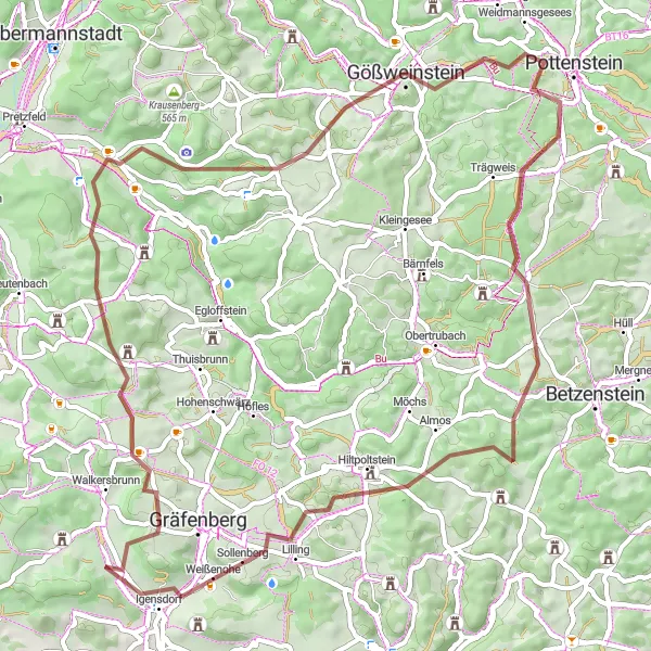 Map miniature of "Gravel Adventure through Franconian Nature" cycling inspiration in Oberfranken, Germany. Generated by Tarmacs.app cycling route planner