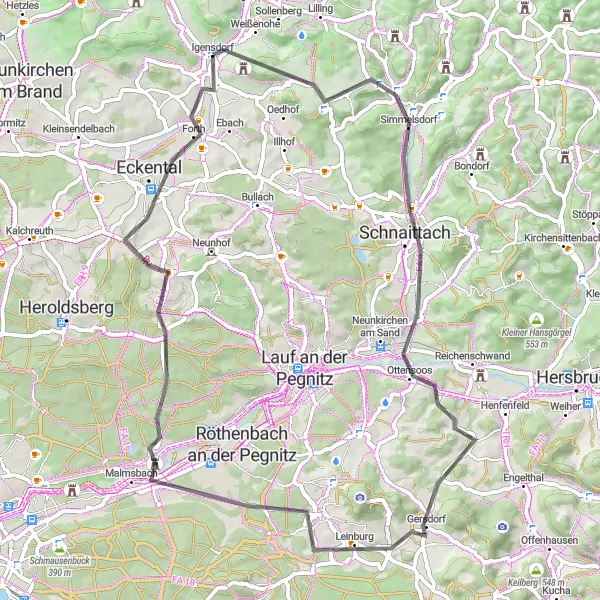 Karten-Miniaturansicht der Radinspiration "Hügeliges Roadbike-Abenteuer rund um Igensdorf" in Oberfranken, Germany. Erstellt vom Tarmacs.app-Routenplaner für Radtouren