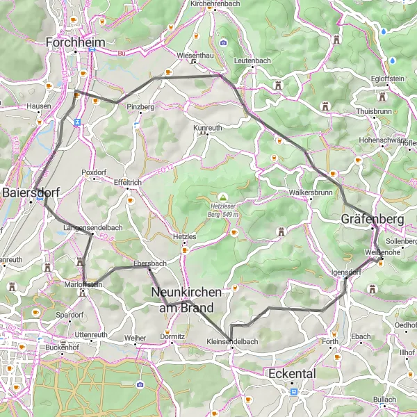 Map miniature of "Countryside Ride" cycling inspiration in Oberfranken, Germany. Generated by Tarmacs.app cycling route planner